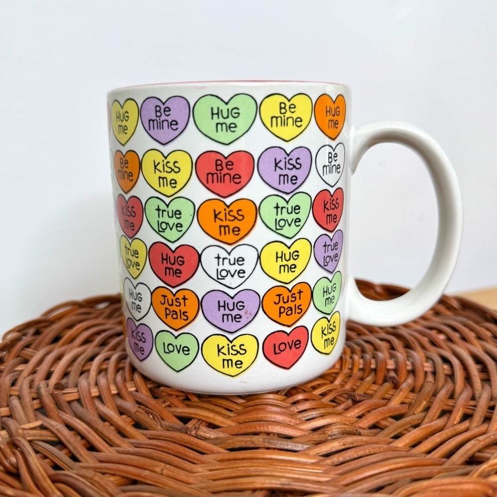 Vintage 1986 Chris Davenport Enesco Conversation Hearts Coffee Mug Pink Interior - Picture 3 of 16